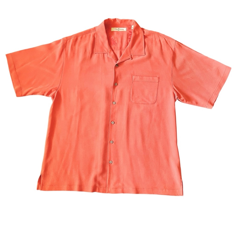Tommy Bahama 100% silk button up collared dress shirt in salmon red color